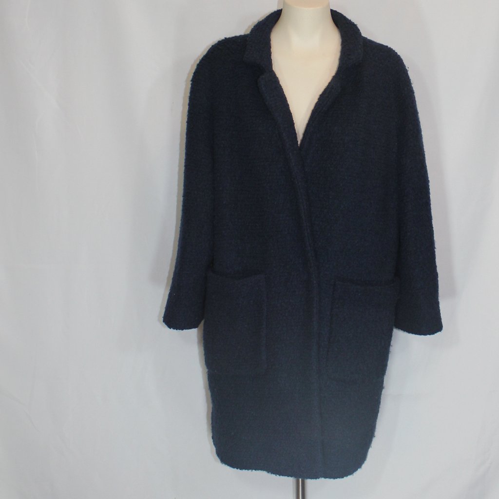 Ganni Women's Double Breasted Wool Blend Boucl Coat Navy Blue Size Medium